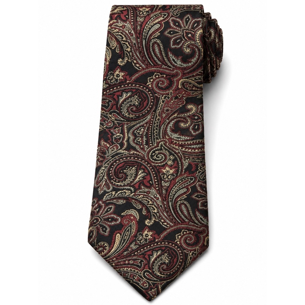 Royal Knight Mens Silk Necktie Burgundy Gold Green Black Intricate Paisley Tie